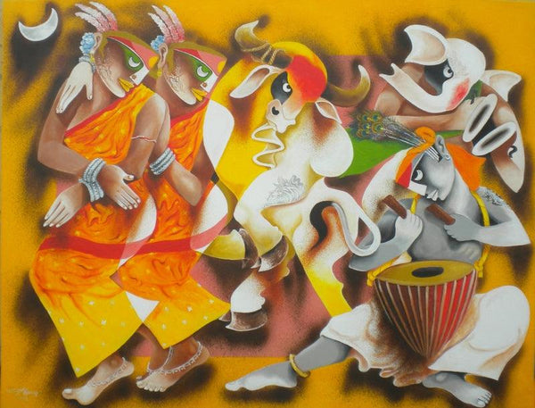 Folk Art acrylic painting titled 'FOLK DANCE', 36x48 inches, by artist Uttam Manna on Canvas