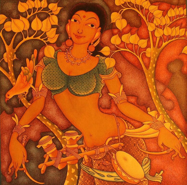 Figurative acrylic painting titled 'Folk Lady', 30x30 inches, by artist Manikandan Punnakkal on Canvas