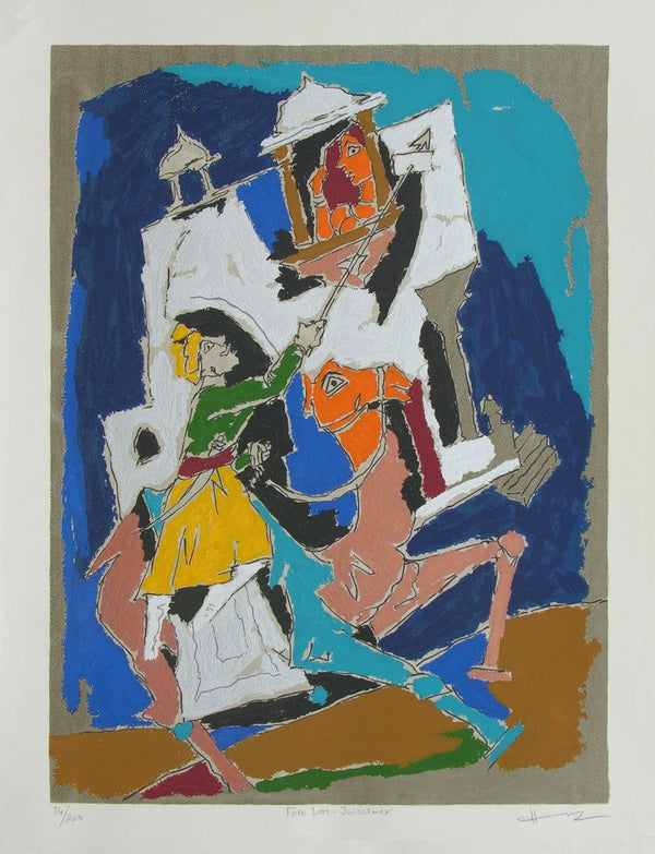 Figurative serigraphs painting titled 'Folk Lore Jaisalmer', 34x26 inches, by artist M. F. Husain on Paper