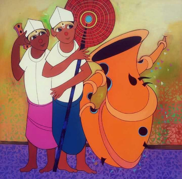 Figurative acrylic painting titled 'Folk Men', 36x36 inches, by artist Dnyaneshwar Bembade on Canvas