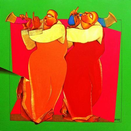 Motivational acrylic painting titled 'Folk Music I', 48x48 inches, by artist Shantkumar Hattarki on Canvas