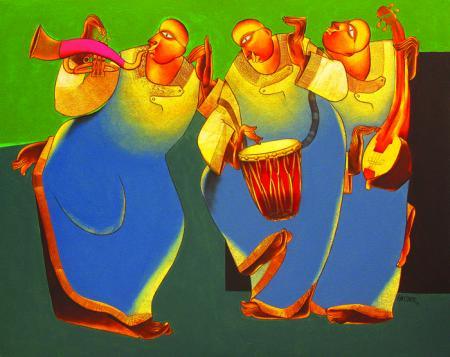 Motivational acrylic painting titled 'Folk music II', 48x60 inches, by artist Shantkumar Hattarki on Canvas