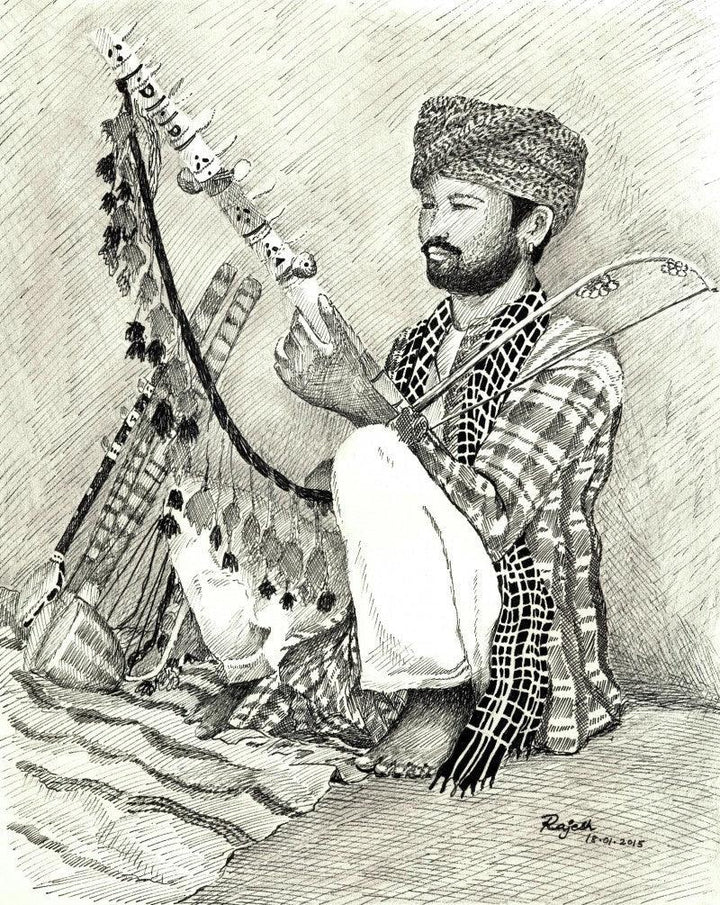 Figurative pen drawing titled 'Folk Musician of Rajasthan', 14x12 inches, by artist Guru Rajesh on Paper