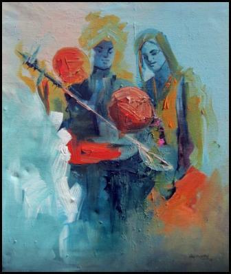 Figurative acrylic painting titled 'Folk Musicians', 36x32 inches, by artist Kariyappa Hanchinamani on Canvas