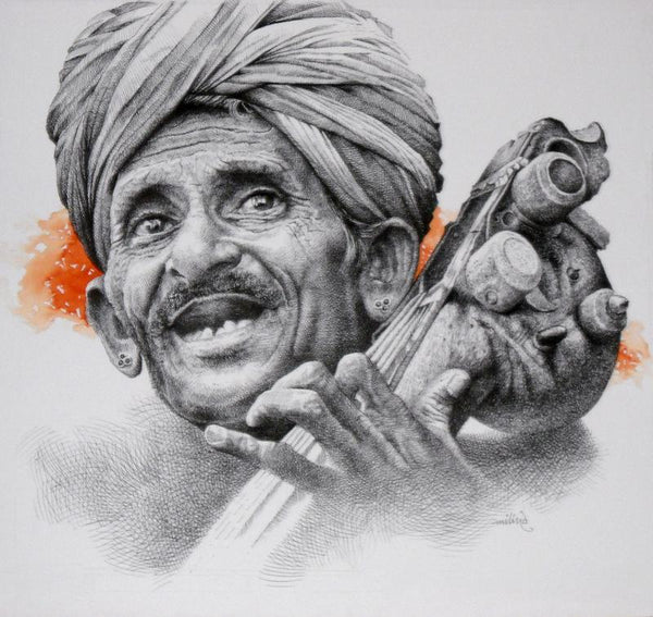 Figurative mixed media painting titled 'Folk Singer', 20x28 inches, by artist Milind Varangaonkar on Paper