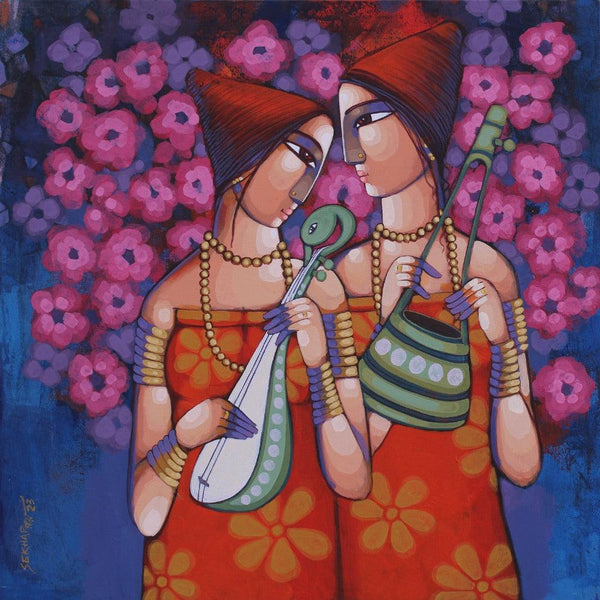 Figurative acrylic painting titled 'Folk Singers', 32x32 inches, by artist Sekhar Roy on Canvas