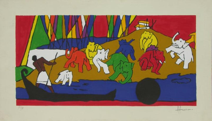 Figurative serigraphs painting titled 'Folklore Kerala 1', 16x28 inches, by artist M. F. Husain on Paper