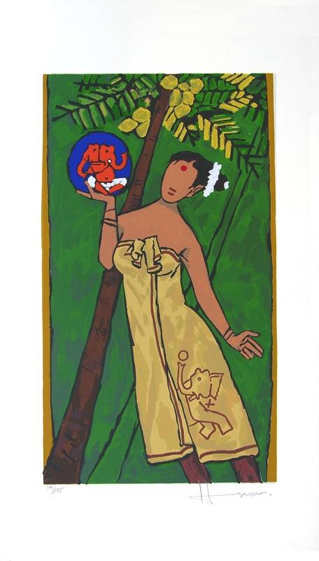 Figurative serigraphs painting titled 'Folklore Kerala', 28x16 inches, by artist M. F. Husain on Paper