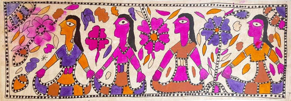 Folk Art madhubani traditional art titled 'Follow Me Now', 7x22 inches, by artist Yamuna Devi on Handmade Paper