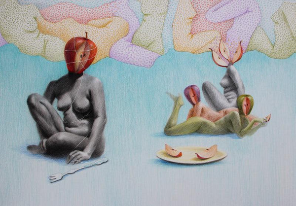 Nude color pencil drawing titled 'Forbidden Feast 1', 22x28 inches, by artist Mansi Sagar on Canson Paper