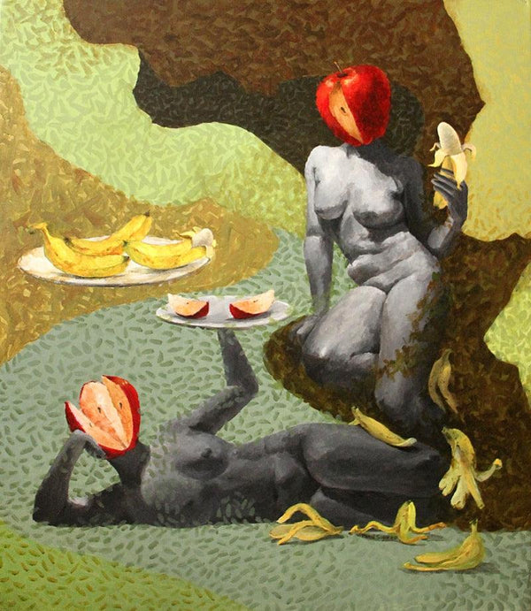 Nude acrylic painting titled 'Forbidden Feast 2', 36x32 inches, by artist Mansi Sagar on Canvas