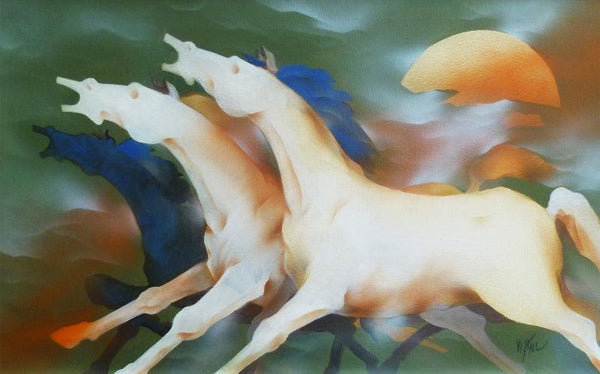 Animals acrylic painting titled 'Forceful Horses', 22x37 inches, by artist Vishnu Sonavane on Canvas