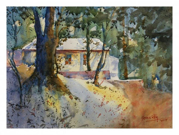 Landscape watercolor painting titled 'FOREST HOUSE', 16x12 inches, by artist Soven Roy on Paper