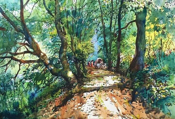 Nature watercolor painting titled 'Forest Scene', 22x29 inches, by artist Bijay Biswaal on Paper