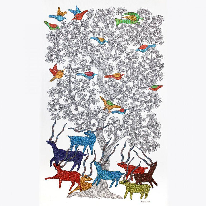 Folk Art gond traditional art titled 'Forest Scene Gond Art', 36x24 inches, by artist Chitrakant Shyam on Paper