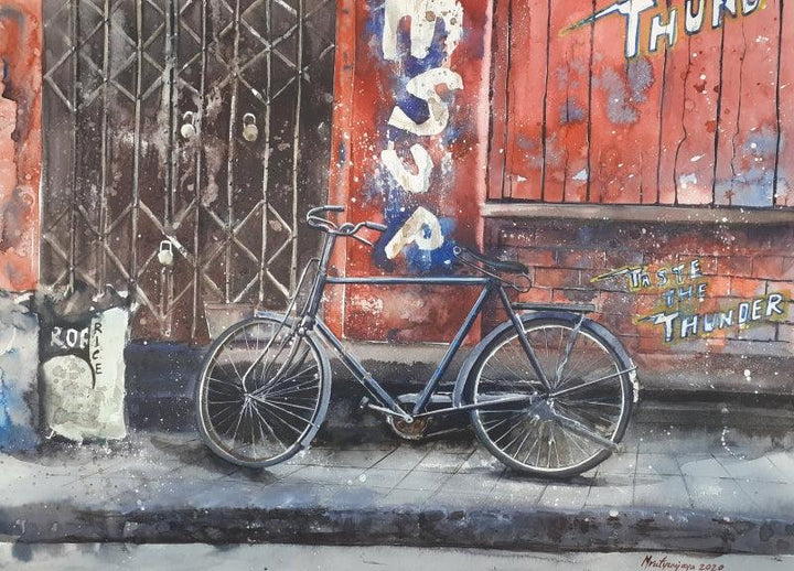 Transportation watercolor painting titled 'Forgotten BiCycle and old wall', 16x12 inches, by artist Mrutyunjaya Dash on paper