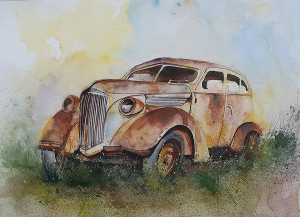 Transportation watercolor painting titled 'Forgotten Rusted old truck', 16x12 inches, by artist Mrutyunjaya Dash on paper