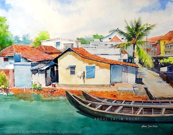 Landscape watercolor painting titled 'Fort Kochi Canal', 24x30 inches, by artist Abdul Salim on Paper