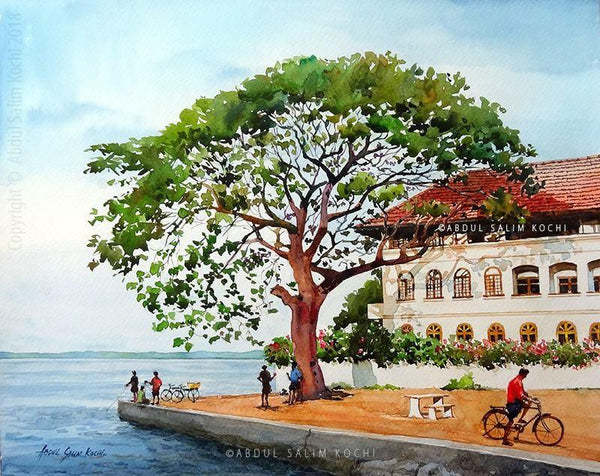 Cityscape watercolor painting titled 'Fort Kochi Jankar Jetty', 11x14 inches, by artist Abdul Salim on Paper