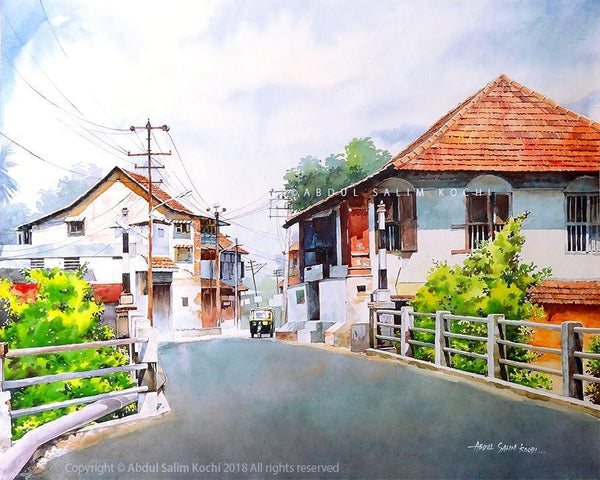 Cityscape watercolor painting titled 'Fort Kochi Street', 24x30 inches, by artist Abdul Salim on Paper