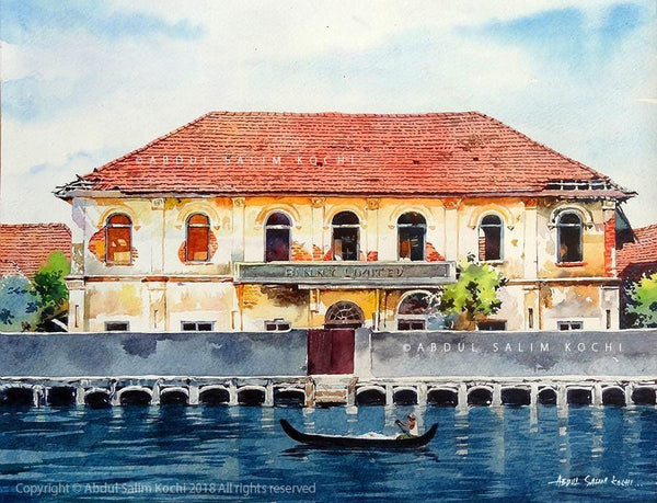 Cityscape watercolor painting titled 'Fort Kochi Warehouse', 11x14 inches, by artist Abdul Salim on Paper