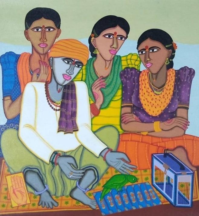 Figurative acrylic painting titled 'Fortune Teller 1', 29x31 inches, by artist Dhan Prasad on Canvas