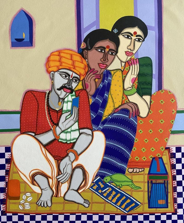 Figurative acrylic painting titled 'Fortune Teller 3', 36x30 inches, by artist Dhan Prasad on Canvas