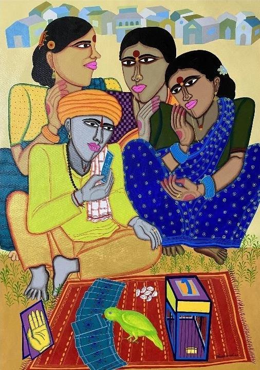 Figurative acrylic painting titled 'Fortune Teller 5', 28x26 inches, by artist Dhan Prasad on Canvas