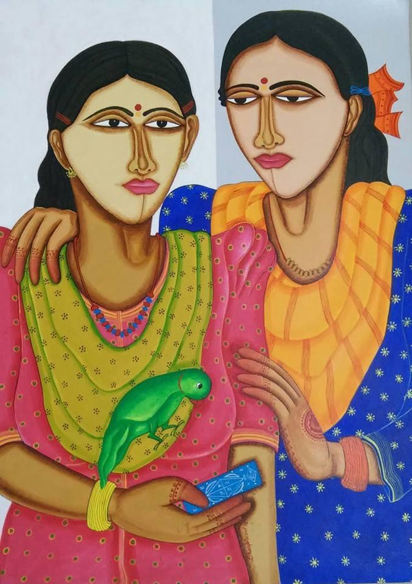 Figurative acrylic painting titled 'Fortune Teller', 26x18 inches, by artist Dhan Prasad on Handmade paper