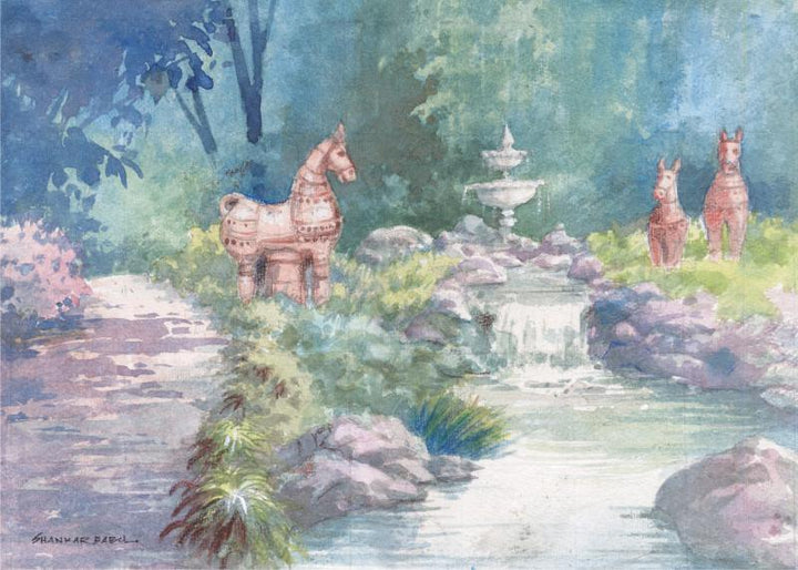 Scenic watercolor painting titled 'Fountain In A Park', 10x14 inches, by artist Sankara Babu on Paper