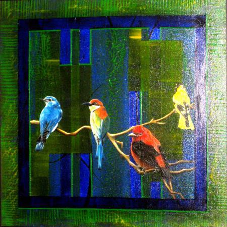 Figurative mixed media painting titled 'Four Birds', 36x36 inches, by artist Parul V Mehta on Canvas