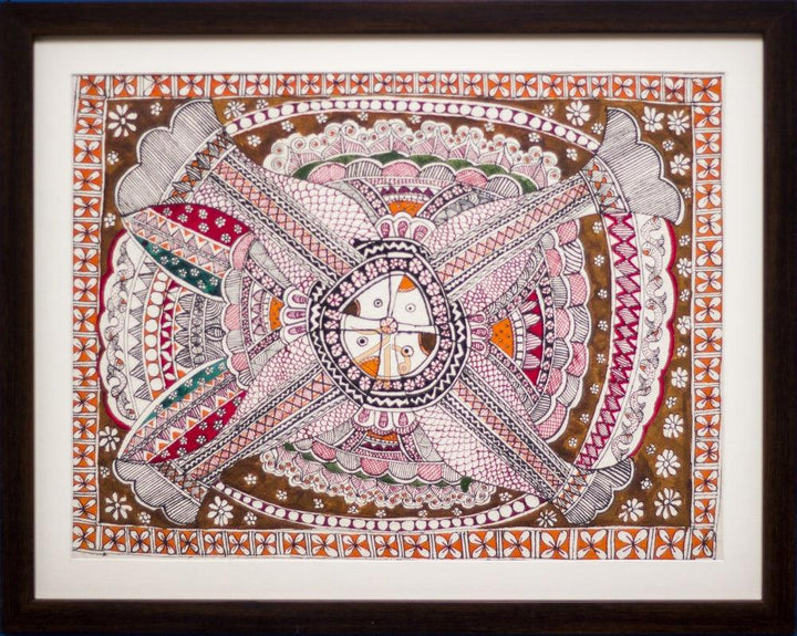 Folk Art madhubani traditional art titled 'Four fishes Madhubani Painting', 12x16 inches, by artist Kalaviti Arts on Cloth