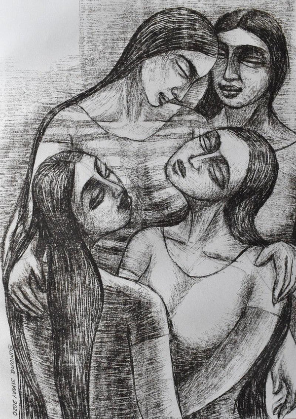 Figurative dry pastel drawing titled 'Four Friends', 30x22 inches, by artist Sumana Nath De on Paper