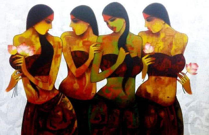 Figurative acrylic painting titled 'Four Girls', 48x48 inches, by artist Mukesh Salvi on Canvas