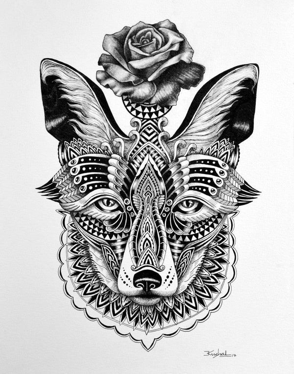 Animals pen drawing titled 'Fox 2', 15x11 inches, by artist Kushal Kumar on Paper