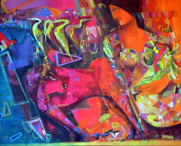 Figurative acrylic painting titled 'Frame Of Life 1', 48x60 inches, by artist Madan Lal on Canvas