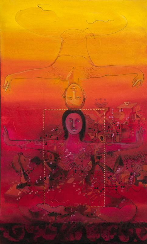 Figurative acrylic painting titled 'Frame Of Life', 36x60 inches, by artist Madan Lal on Canvas