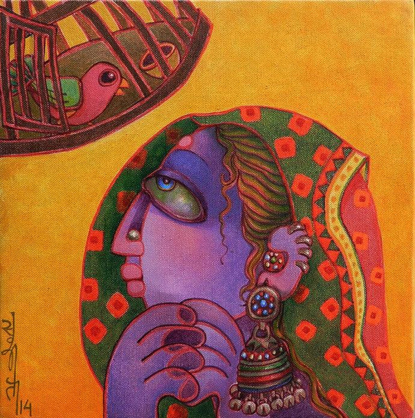 Figurative acrylic painting titled 'Freedom 1', 12x12 inches, by artist Sunita Dinda on Canvas