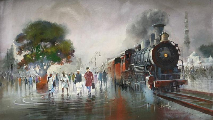 Cityscape acrylic painting titled 'Freedom Express', 28x46 inches, by artist Bijay Biswaal on Canvas