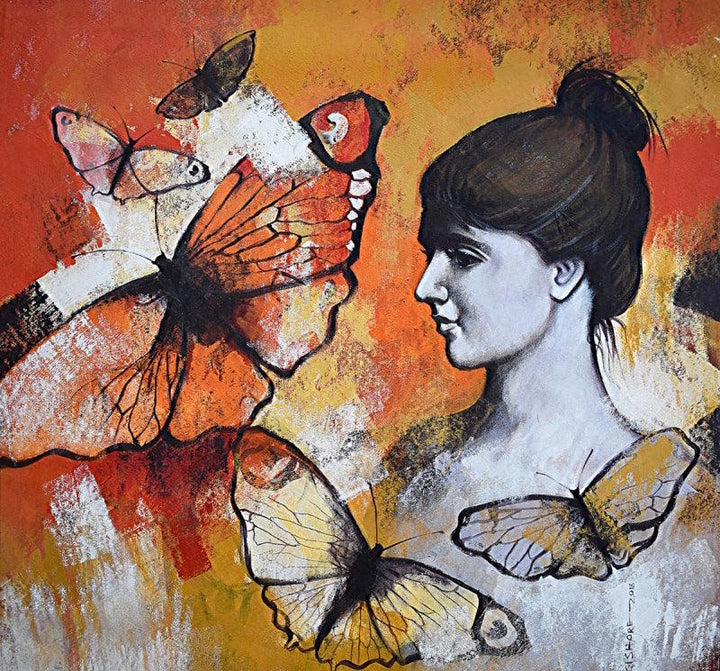 Figurative acrylic painting titled 'Freedom of Beauty 03', 31x31 inches, by artist Kishore Pratim Biswas on Canvas