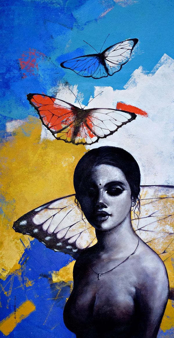 Figurative acrylic painting titled 'Freedom of beauty 13', 48x24 inches, by artist Kishore Pratim Biswas on Canvas