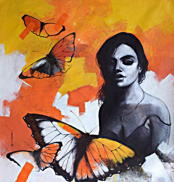 Figurative acrylic painting titled 'Freedom of Beauty 16', 36x36 inches, by artist Kishore Pratim Biswas on Canvas