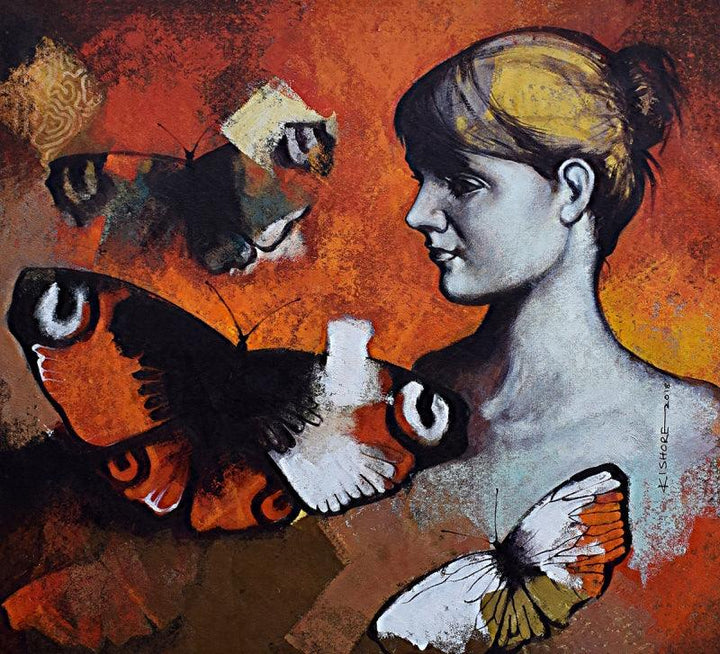 Figurative acrylic painting titled 'Freedom of Beauty01', 28x32 inches, by artist Kishore Pratim Biswas on Canvas