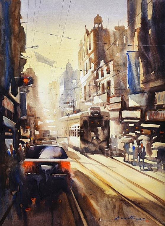 Cityscape watercolor painting titled 'Freedom Of Kolkata II', 30x22 inches, by artist Ananta Mandal on Paper