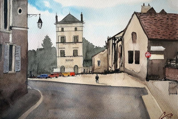 Cityscape watercolor painting titled 'French Village', 8x11 inches, by artist Arunava Ray on Paper