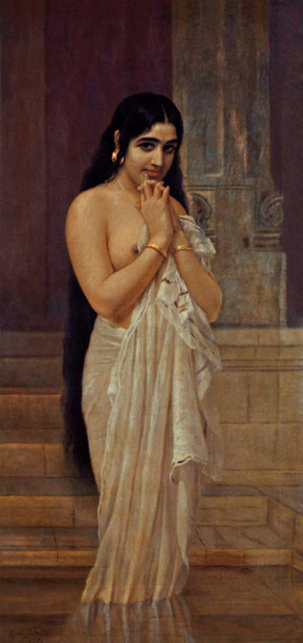 Figurative oil painting titled 'Fresh From Bath', 36x17 inches, by artist Raja Ravi Varma Reproduction on Canvas