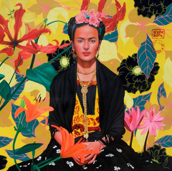 Figurative acrylic painting titled 'Frida Kahlo V', 42x42 inches, by artist Oinam Dilip on Canvas