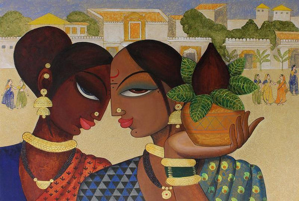 Figurative acrylic painting titled 'Friends 1', 30x40 inches, by artist Varsha Kharatamal on Canvas