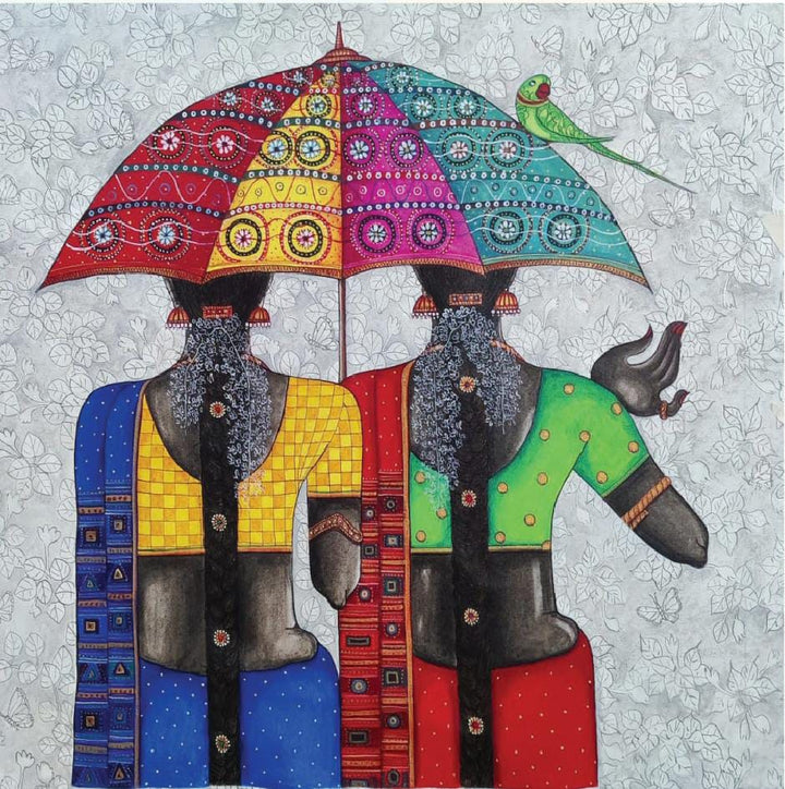 Figurative acrylic painting titled 'Friends 2', 24x24 inch, by artist Kappari Kishan on Canvas