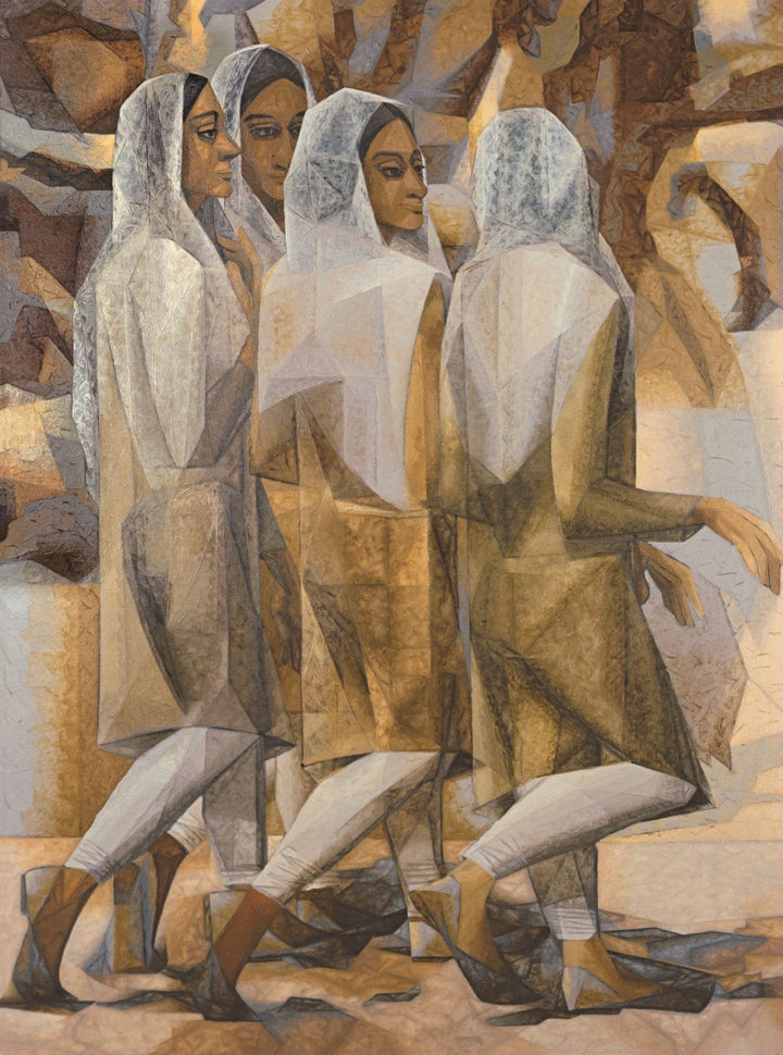 Figurative serigraphs painting titled 'The Friends', 44x30 inch, by artist Jehangir Sabavala on Paper